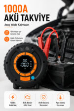 Akü Takviye Cihazı 1000A Jump Starter 150 PSI Lastik Şişirme Kompresörü Powerbank LED Fener - Görsel 2
