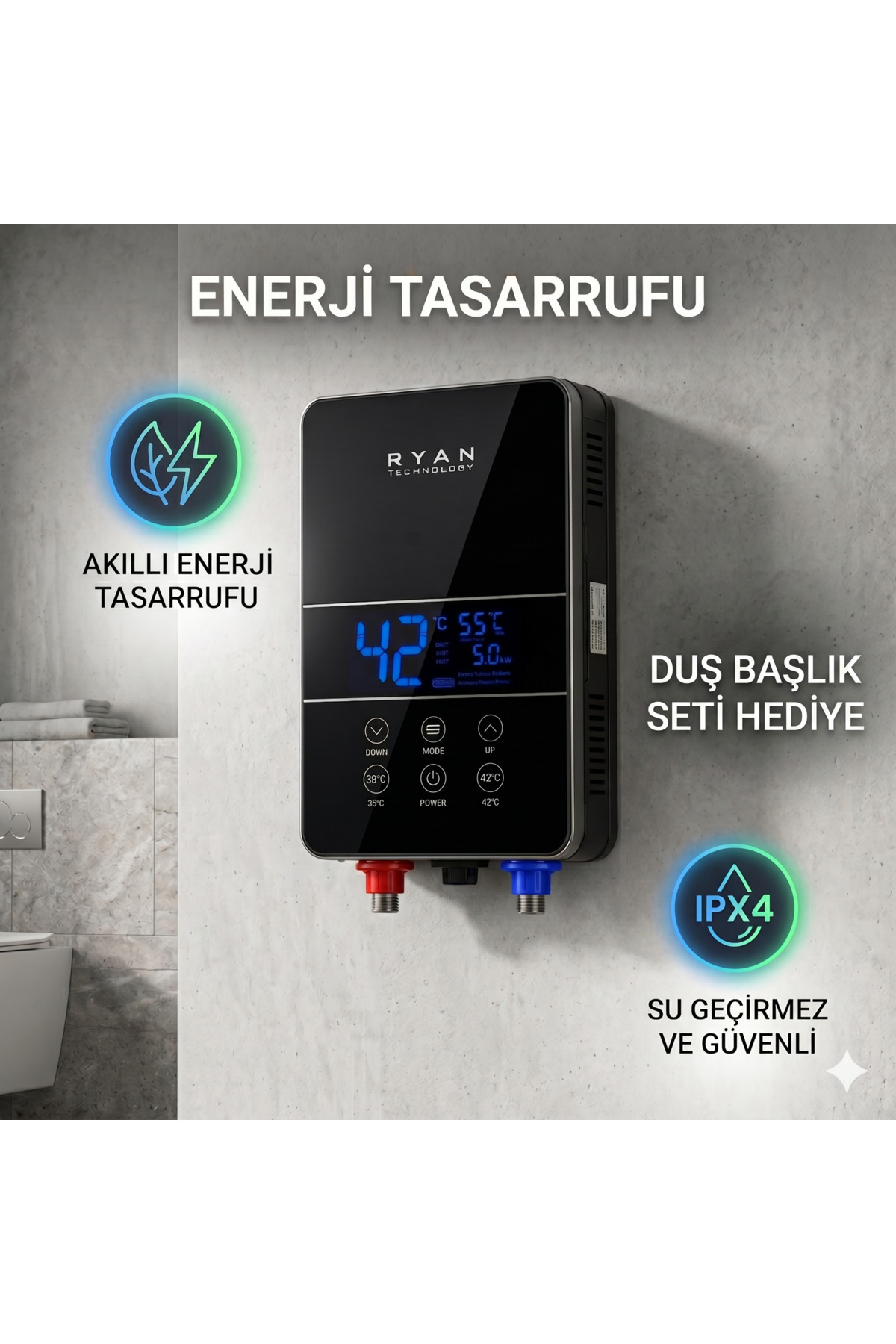 1_org_zoom Elektrikli Şofben Ani Su Isıtıcı Dijital Akıllı Banyo Şofbeni Duş Başlığı Hediyeli SG02-60 - Görsel 1