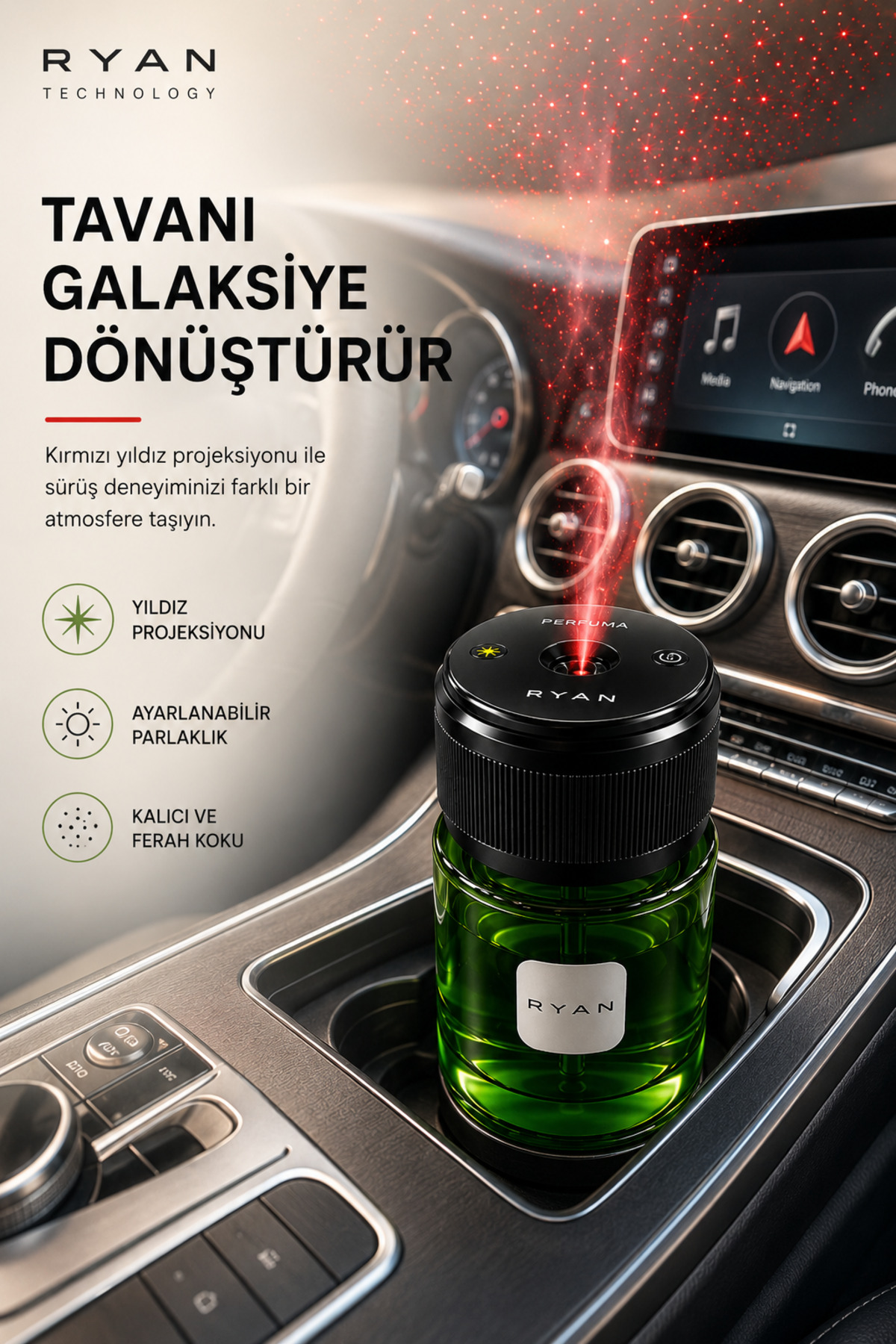 1_org_zoom Araç İçi Koku Difüzörü ve Yıldız Tavan Projektörü Buhar Efektli Oto Koku Makinesi Aroma Dağıtıcı - Görsel 1