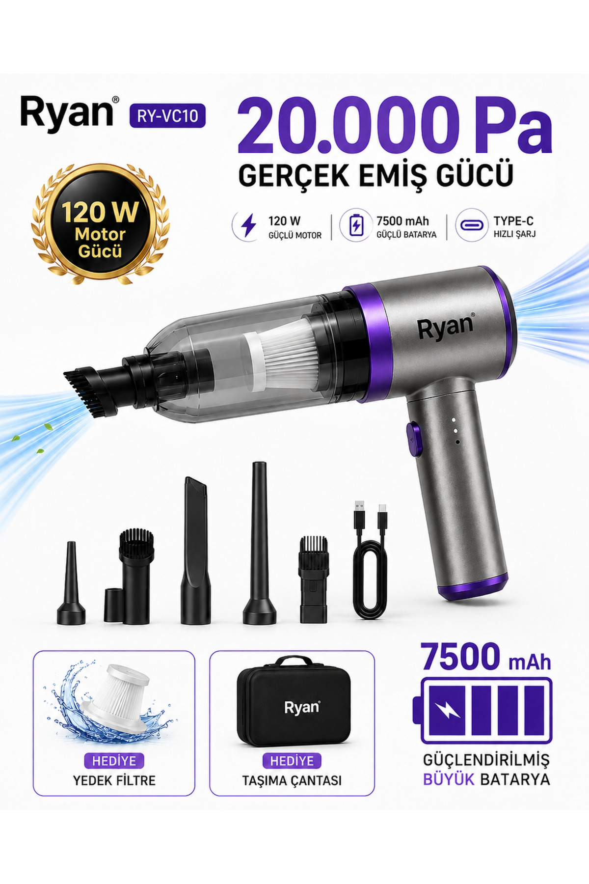 1_org_zoom Araç İçi Süpürge Kablosuz Şarjlı El Süpürgesi 20.000Pa Gerçek Emiş Gücü 120W Güç 7500mAh Güçlendirilmiş Batarya RY-VC10 - Görsel 1