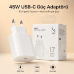 45W USB-C Hızlı Şarj Adaptörü Beyaz Type-C Çıkışlı Kompakt Güç Adaptörü iPhone 15 16 17 Pro Max Uyumlu