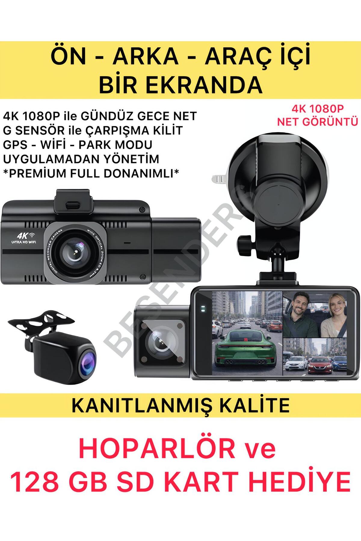 1_org_zoom F6 4K 1080P Full HD 3 Kameralı GPS Wifi G Sensör Gece Görüşlü Ön Arka İç Kayıt Araç İçi Dışı Kamera - Görsel 1