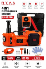 5 Ton Hidrolik Araç Krikosu 12V 4İN1 Elektrikli Kriko Seti Hava Kompresörü Bijon Sökme Anahtarı Lastik Değiştirme LED RJ-5T PRO