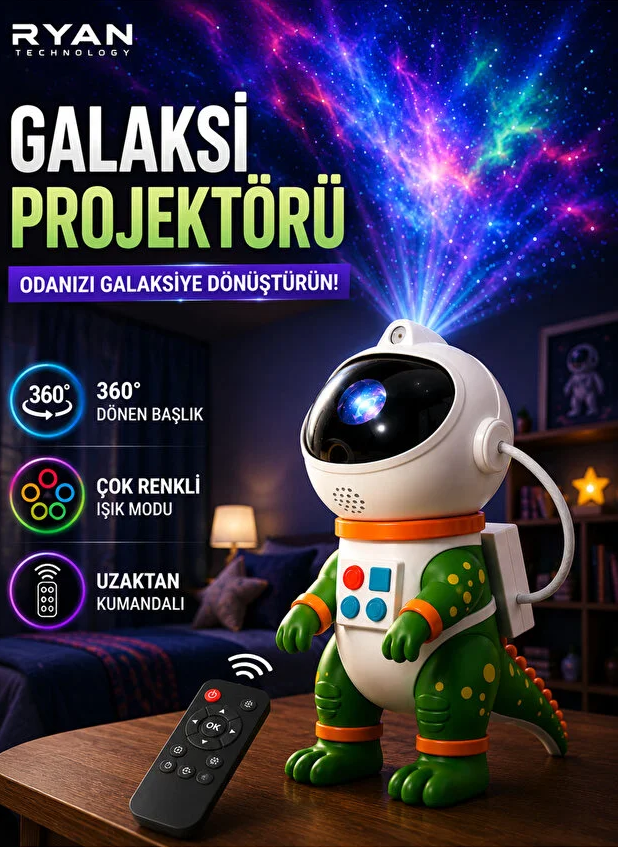Adsız Gece Lambası Yıldız Projektör Astronot Işıklı Galaksi Samanyolu Projeksiyon Kumandalı - Görsel 1